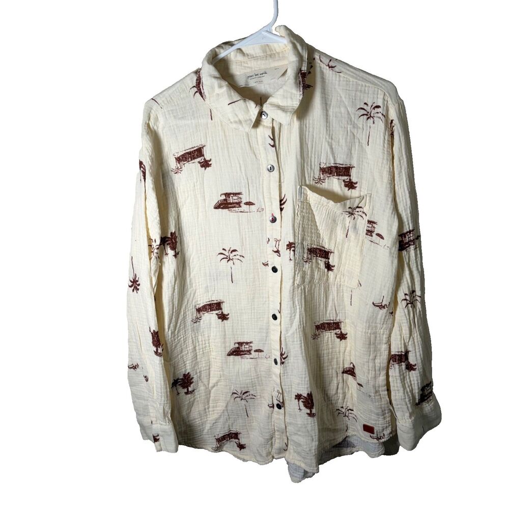 Peace Love World Shirt Women's Medium Gauze Button Up Collared Long Sleeve